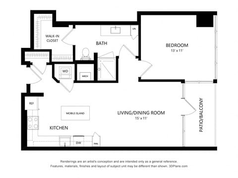Floor plan for 1 bed, 1 bath, 785 sqft